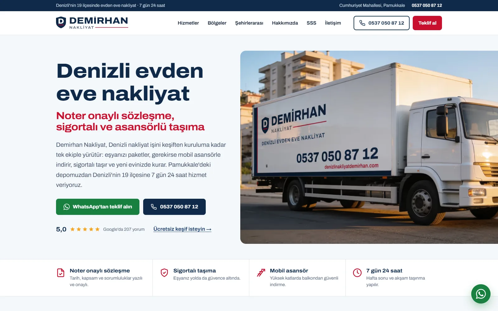 Demirhan Nakliyat ana sayfası: Denizli evden eve nakliyat başlığı ve kamyon fotoğrafı