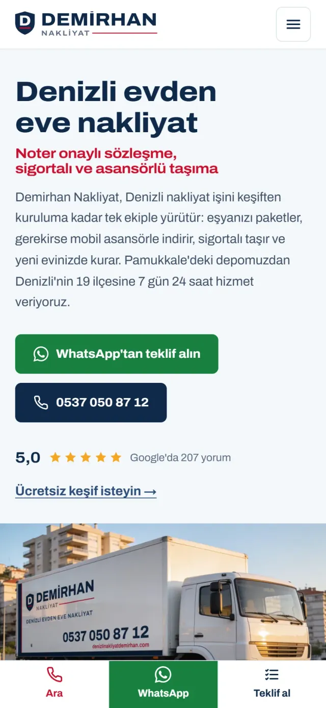Demirhan Nakliyat ana sayfası: Denizli evden eve nakliyat başlığı ve kamyon fotoğrafı — telefon görünümü
