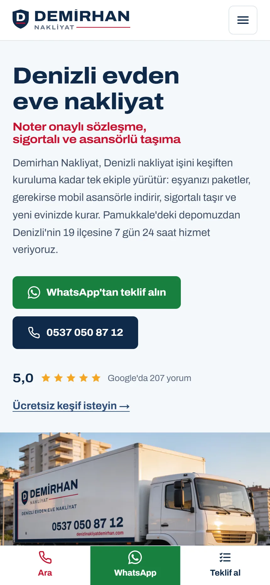 Demirhan Nakliyat mobil görünüm ve sabit arama çubuğu