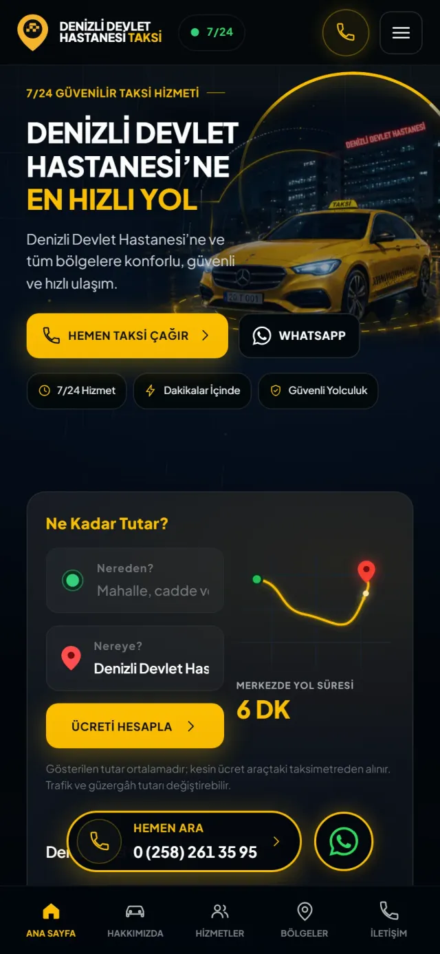 Denizli Hastane Taksi sitesi açılışı: tek dokunuşla arama düğmesi — telefon görünümü