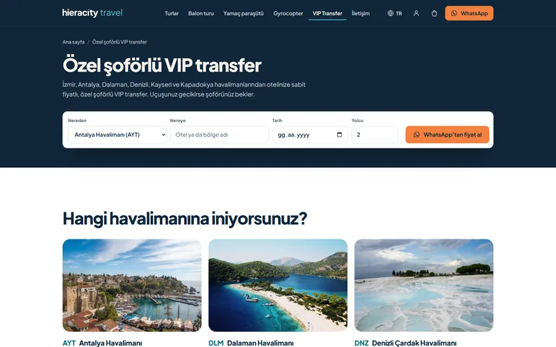 Hieracity Travel VIP transfer sayfası: güzergâh seçimi ve havalimanı kartları
