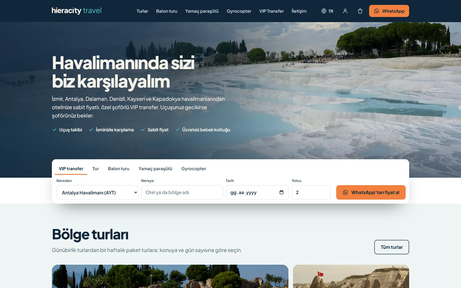 Hieracity Travel ana sayfası: Pamukkale travertenleri üzerinde VIP transfer arama kutusu