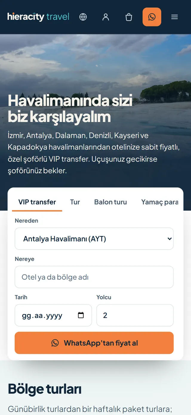 Hieracity Travel ana sayfası: Pamukkale travertenleri üzerinde VIP transfer arama kutusu — telefon görünümü