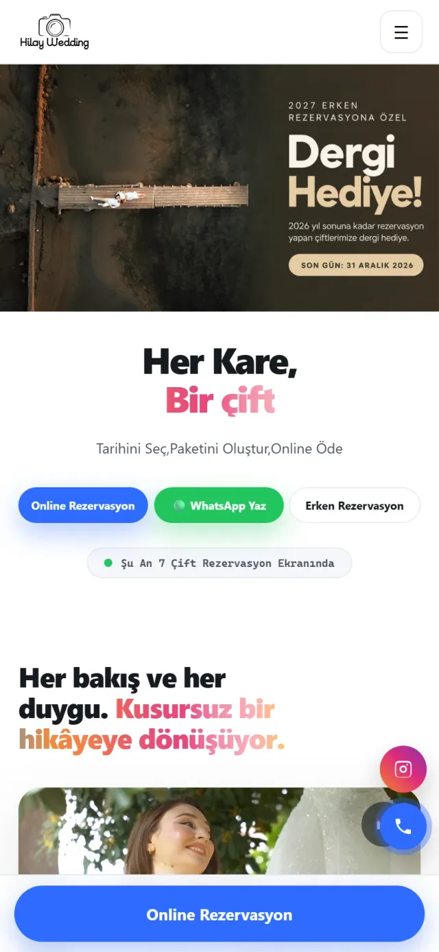 Hilay Wedding ana sayfası: düğün fotoğrafı ve rezervasyon çağrısı — telefon görünümü