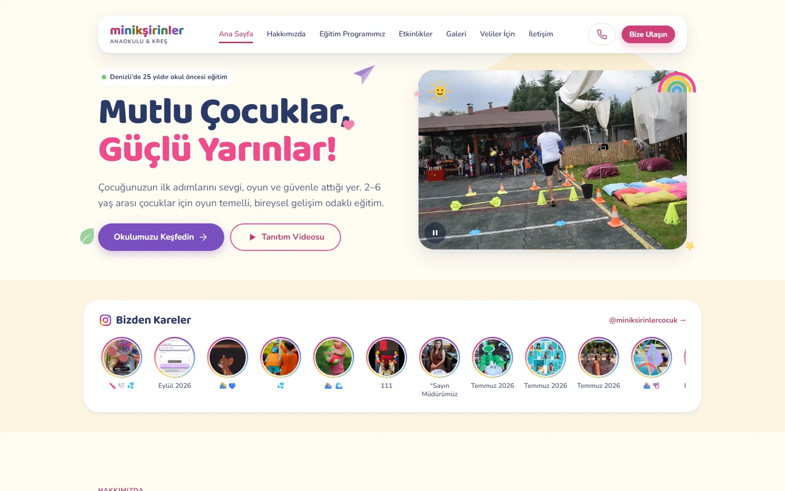 Minik Şirinler Anaokulu ana sayfası: başlık, tanıtım videosu ve hikâye şeridi