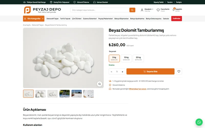 Peyzaj Depo ürün sayfası: ağırlık seçenekleri ve sepete ekleme