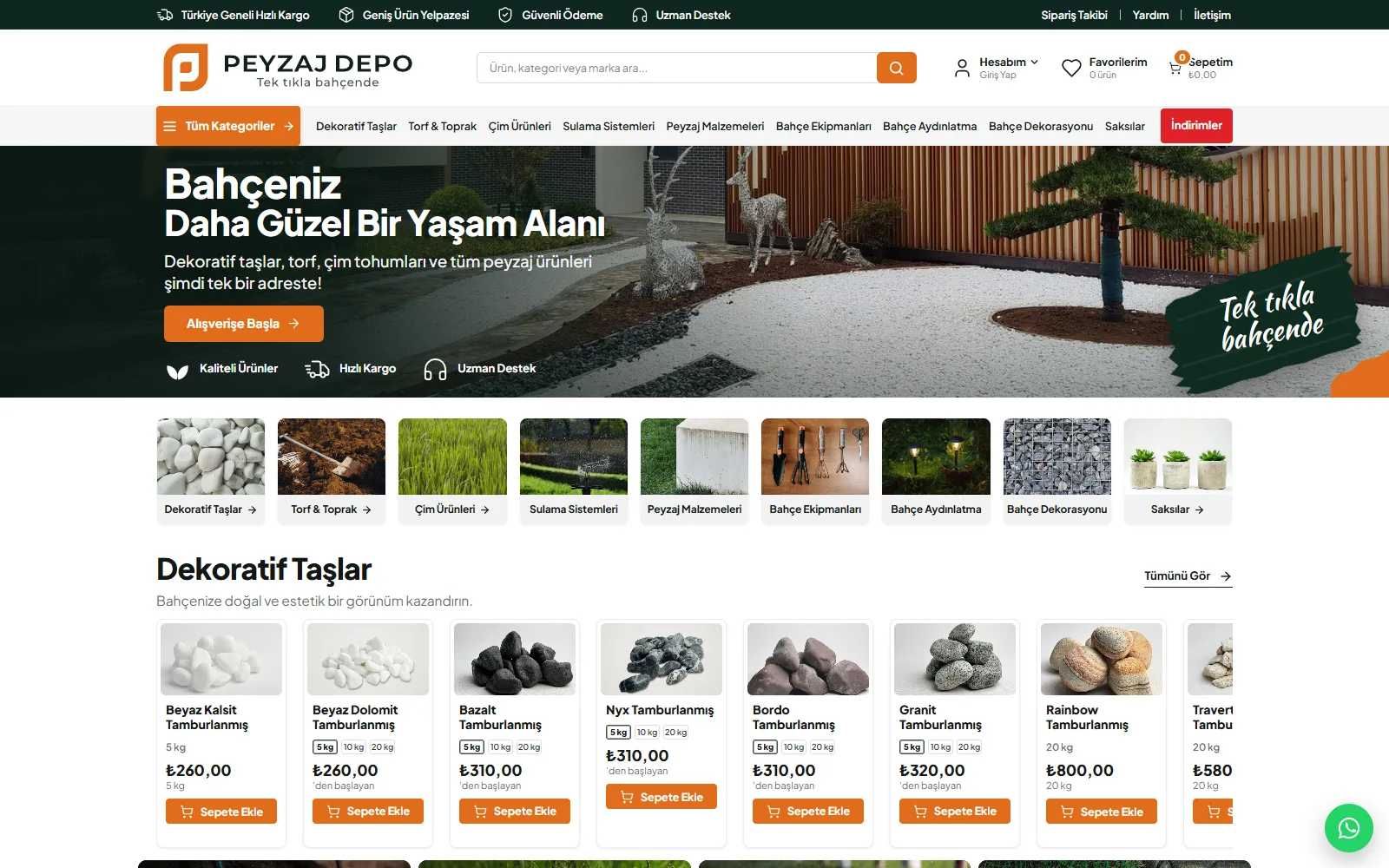 Peyzaj Depo ana sayfası: kategori şeridi ve dekoratif taş ürünleri