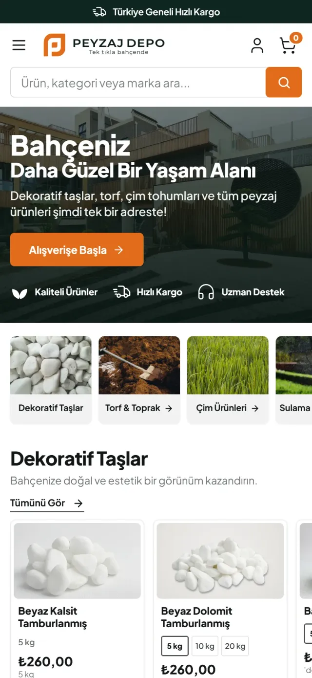 Peyzaj Depo ana sayfası: kategori şeridi ve dekoratif taş ürünleri — telefon görünümü