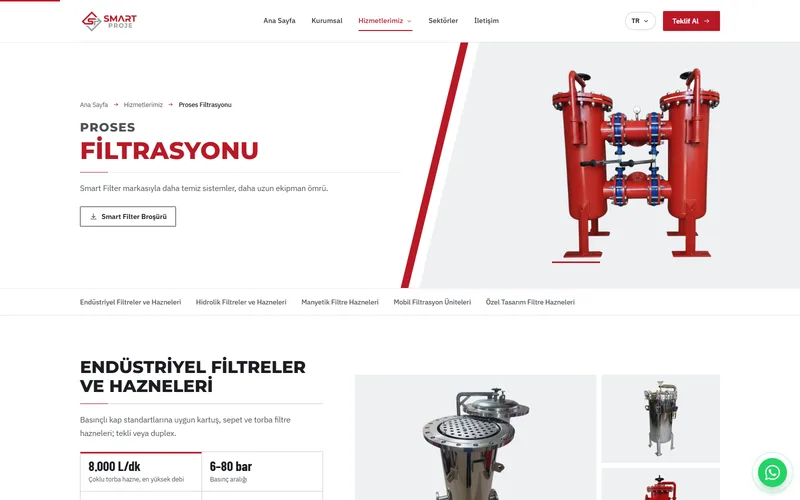 Smart Proje proses filtrasyonu sayfası: endüstriyel filtre hazneleri
