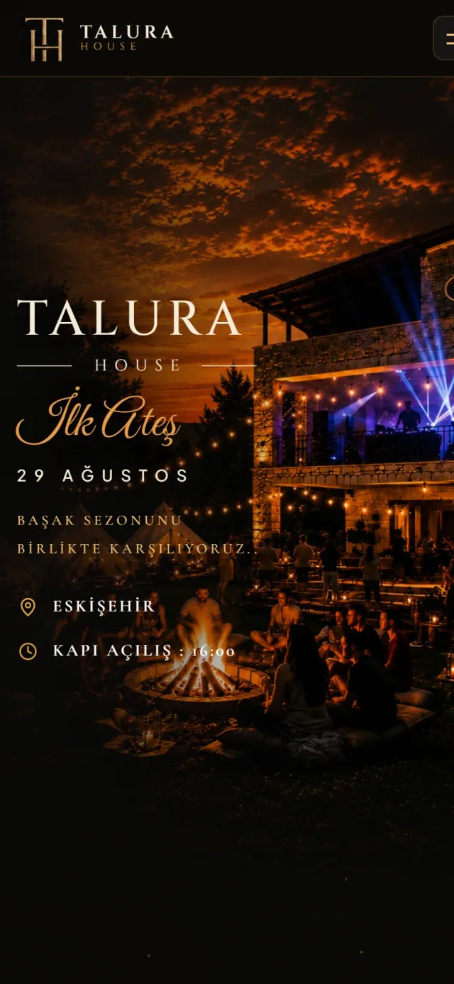 Talura House ana sayfası: etkinlik sahnesi ve bilet kartları — telefon görünümü