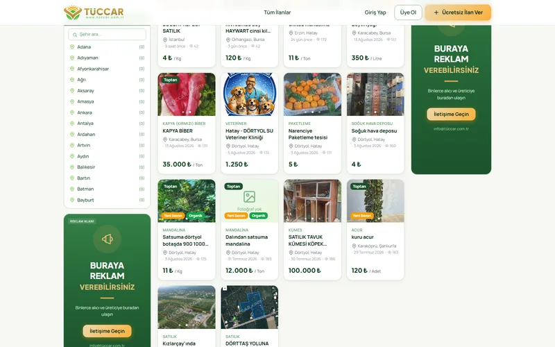 TÜCCAR vitrin ilanları ve kategori filtreleri
