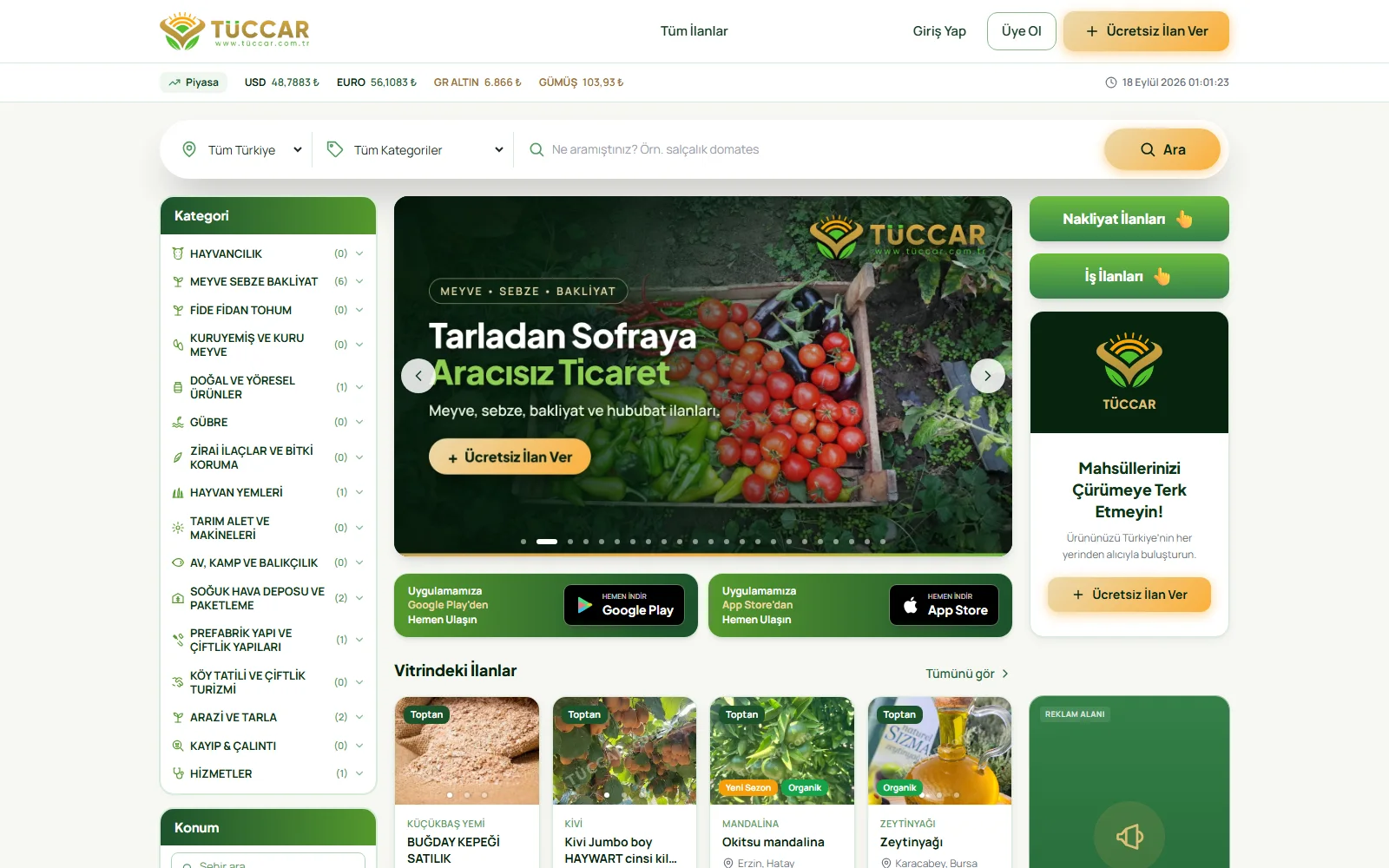TÜCCAR ana sayfası: kategori listesi, arama çubuğu ve vitrindeki ilanlar