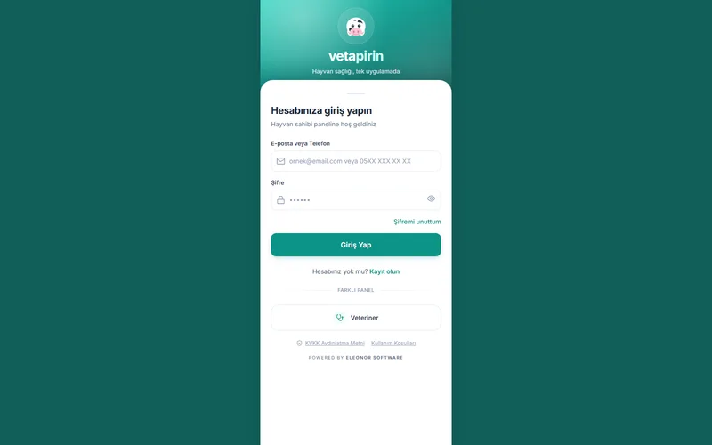 Vetapirin web uygulaması giriş ekranı