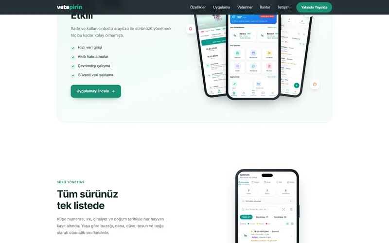 Vetapirin tanıtım sitesi: sağlık ve aşı takibi bölümü